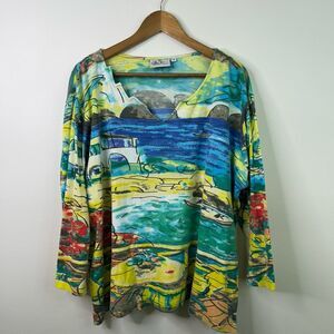 Michael Leu Women’s 1X Cotton Art Top Scenic Beach Print Long Sleeve V-Neck Boho